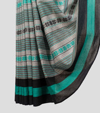 Load image into Gallery viewer, Light Grey With Black N Teal Dhonekhali Cotton Saree-Border