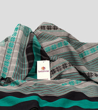 Load image into Gallery viewer, Light Grey With Black N Teal Dhonekhali Cotton Saree-Detail