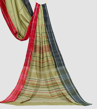 Load image into Gallery viewer, Light Olive Green Red N Black Begumpuri Cotton Saree-Pallu