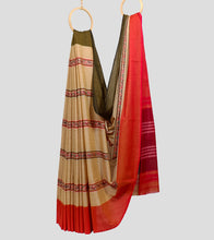 Load image into Gallery viewer, Light Orange With Flame Red N Olive Green Dhonekhali Cotton Saree-Body