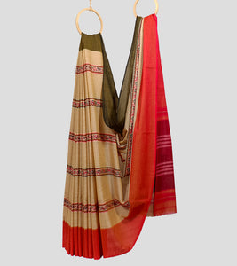Light Orange With Flame Red N Olive Green Dhonekhali Cotton Saree-Body