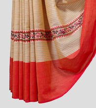 Load image into Gallery viewer, Light Orange With Flame Red N Olive Green Dhonekhali Cotton Saree-Border