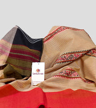 Load image into Gallery viewer, Light Orange With Flame Red N Olive Green Dhonekhali Cotton Saree-Detail