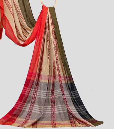 Load image into Gallery viewer, Light Orange With Flame Red N Olive Green Dhonekhali Cotton Saree-Pallu