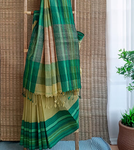 Limade Green Multi Green Border N Jute Ghicha Pallu Handloom Cotton Saree-Body N Pallu