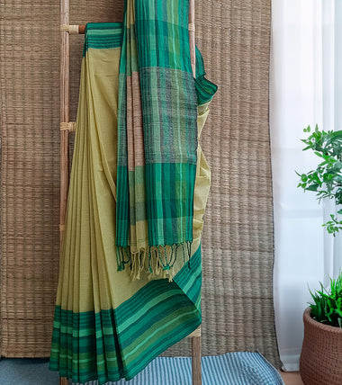 Limade Green Multi Green Border N Jute Ghicha Pallu Handloom Cotton Saree-Body