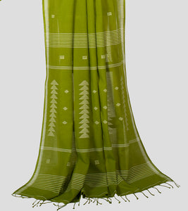 Lime Green Handloom Cotton Jamdani Saree-Pallu