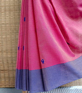 Magenta Pink N Royal Blue Mercerized Cotton Brocade Saree-Border