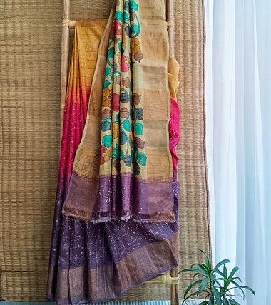 Load image into Gallery viewer, Mustard Ombre Hand Batik Kalamkari Zari Check Tussar Silk Saree-Body N Pallu