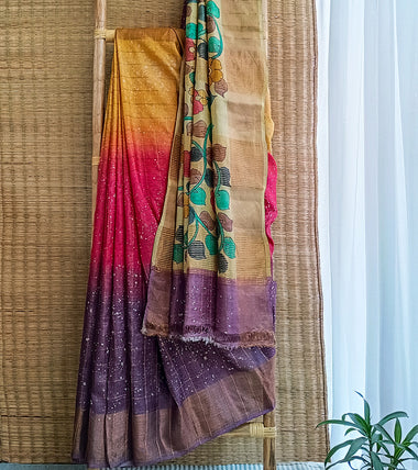 Mustard Ombre Hand Batik Kalamkari Zari Check Tussar Silk Saree-Body