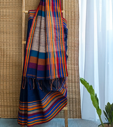 Load image into Gallery viewer, Navy Blue Multicolour Border N Jute Ghicha Pallu Handloom Cotton Saree-Body N Pallu