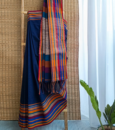Navy Blue Multicolour Border N Jute Ghicha Pallu Handloom Cotton Saree-Body