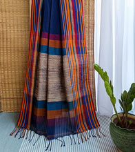 Load image into Gallery viewer, Navy Blue Multicolour Border N Jute Ghicha Pallu Handloom Cotton Saree-Pallu