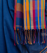Load image into Gallery viewer, Navy Blue Multicolour Border N Jute Ghicha Pallu Handloom Cotton Saree-Tassel