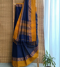 Load image into Gallery viewer, Navy Blue N Yellow Ochre Nakshi Border Handloom Cotton Saree-Body N Pallu