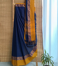Load image into Gallery viewer, Navy Blue N Yellow Ochre Nakshi Border Handloom Cotton Saree-Body