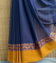 Load image into Gallery viewer, Navy Blue N Yellow Ochre Nakshi Border Handloom Cotton Saree-Border