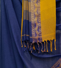 Load image into Gallery viewer, Navy Blue N Yellow Ochre Nakshi Border Handloom Cotton Saree-Tassel