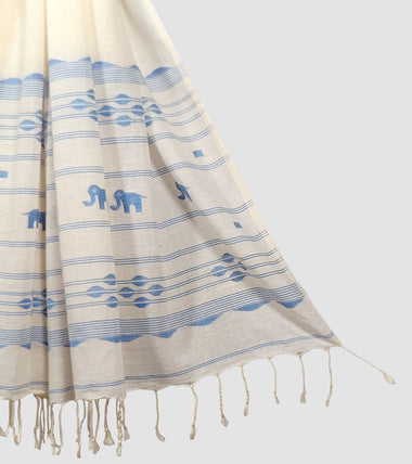 Load image into Gallery viewer, Off White N Blue Elephant Motif Cotton Jamdani Stole-Pic2