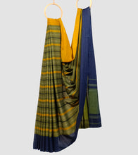 Load image into Gallery viewer, Olive Green With Mustard N Navy Blue Dhonekhali Cotton Saree-Body