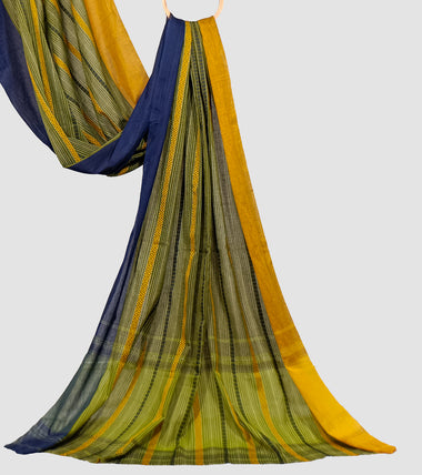 Load image into Gallery viewer, Olive Green With Mustard N Navy Blue Dhonekhali Cotton Saree-Pallu