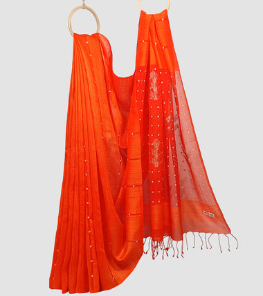 Orange Matka Muslin Silk Shell Sequin Zari Jamdani Saree-Body