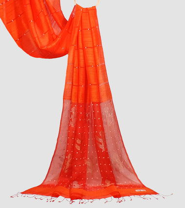 Load image into Gallery viewer, Orange Matka Muslin Silk Shell Sequin Zari Jamdani Saree-Pallu