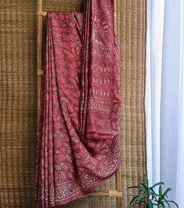 Peach Brown Kashish Hand Block Print Tussar Silk Saree-Body
