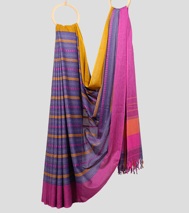 Purple With Turmeric Yellow N Magenta Dhonekhali Cotton Saree-Body