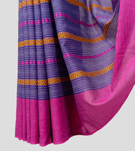 Load image into Gallery viewer, Purple With Turmeric Yellow N Magenta Dhonekhali Cotton Saree-Border