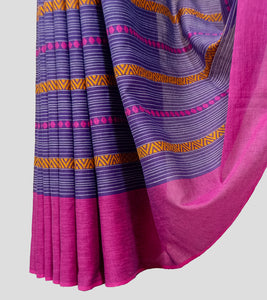 Purple With Turmeric Yellow N Magenta Dhonekhali Cotton Saree-Border