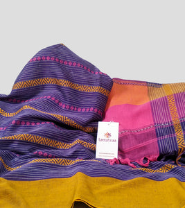 Purple With Turmeric Yellow N Magenta Dhonekhali Cotton Saree-Detail