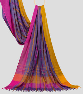 Purple With Turmeric Yellow N Magenta Dhonekhali Cotton Saree-Pallu