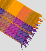 Load image into Gallery viewer, Purple With Turmeric Yellow N Magenta Dhonekhali Cotton Saree-Tassel