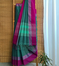 Load image into Gallery viewer, Teal N Fuchsia Nakshi Border Handloom Cotton Saree-Body N Pallu