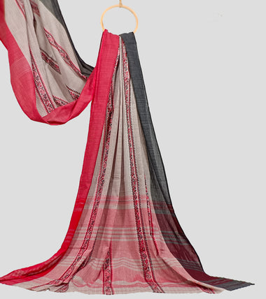 Load image into Gallery viewer, White Red N Black Dhonekhali Cotton Saree-Pallu