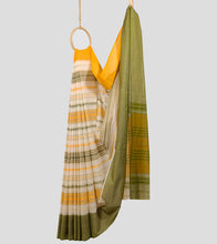 Load image into Gallery viewer, White With Turmeric Yellow N Moss Green Dhonekhali Cotton Saree-Body