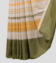 Load image into Gallery viewer, White With Turmeric Yellow N Moss Green Dhonekhali Cotton Saree-Border