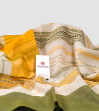 Load image into Gallery viewer, White With Turmeric Yellow N Moss Green Dhonekhali Cotton Saree-Detail