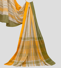 Load image into Gallery viewer, White With Turmeric Yellow N Moss Green Dhonekhali Cotton Saree-Pallu