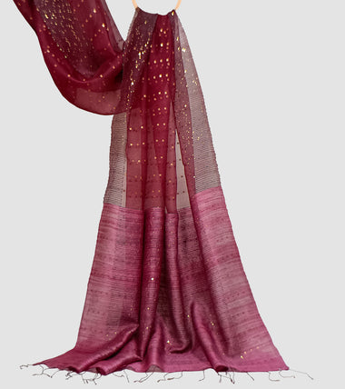 Load image into Gallery viewer, Wine Muslin Silk Sequin Work Saree-Pallu