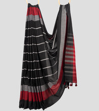 Load image into Gallery viewer, Black N Maroon Stripe Dhonekhali Cotton Saree-Body