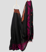 Load image into Gallery viewer, Black With Pink N Orange Border Linen Jamdani Saree-Body