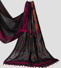 Load image into Gallery viewer, Black With Pink N Orange Border Linen Jamdani Saree-Pallu