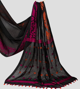 Black With Pink N Orange Border Linen Jamdani Saree-Pallu