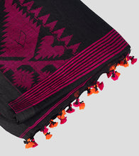 Load image into Gallery viewer, Black With Pink N Orange Border Linen Jamdani Saree-Tassel