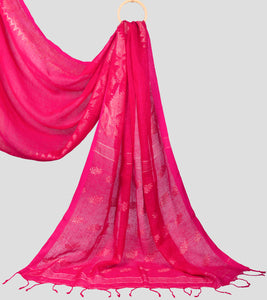 Bright Pink Linen Jamdani Saree-Pallu