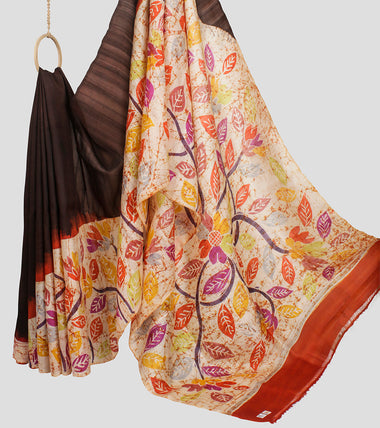 Brown N Orange Bishnupuri Silk Hand Batik Saree-Body