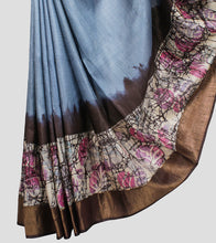 Load image into Gallery viewer, Greyish Blue Tussar Silk Hand Batik Saree-Border