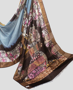 Greyish Blue Tussar Silk Hand Batik Saree-Pallu